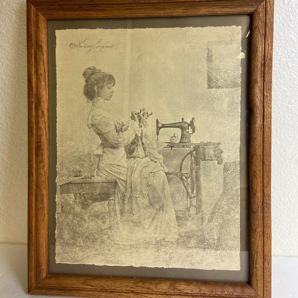 Vintage Lithograph Print "The Seamstress"  Wooden Frame
